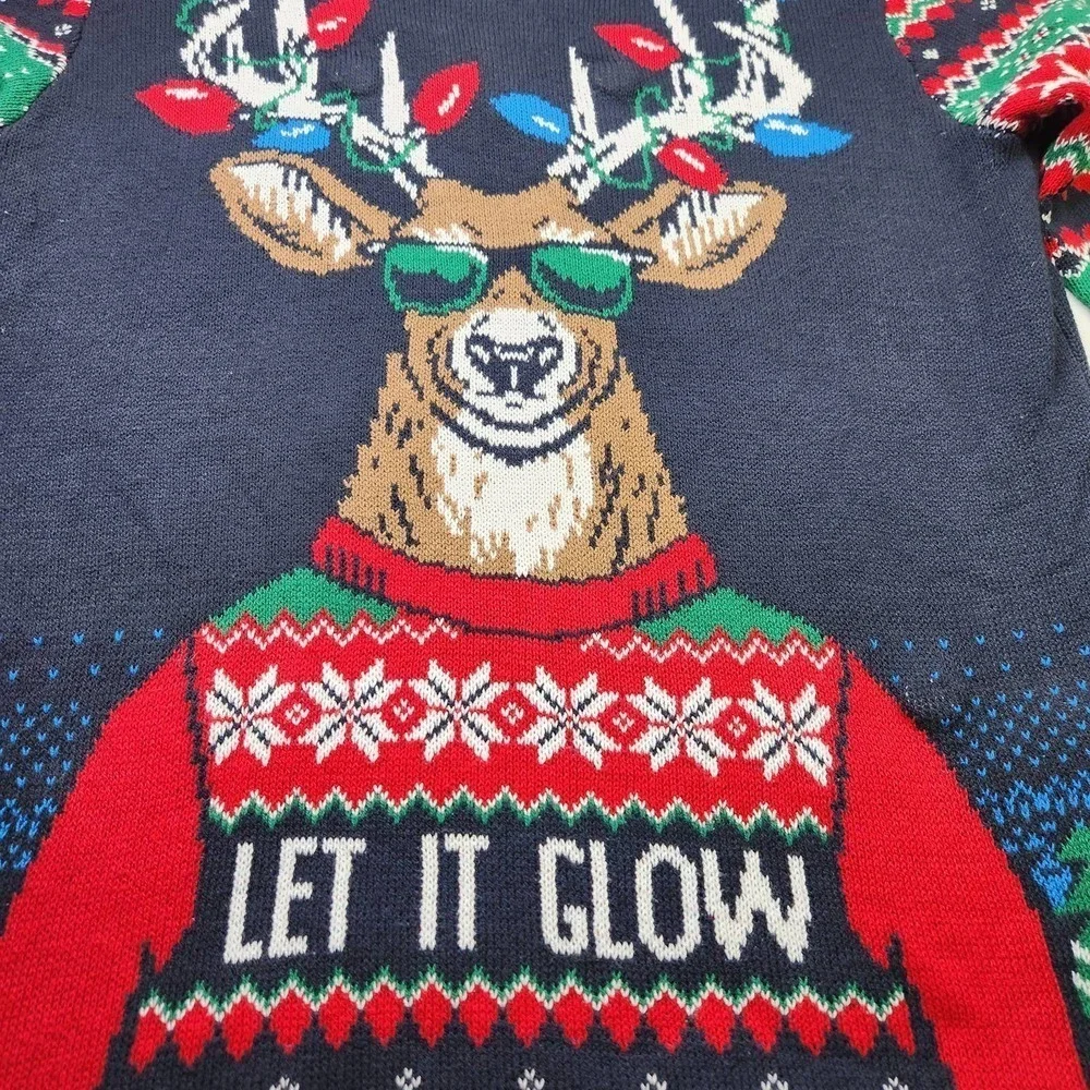 Ugly Christmas Sweater Reindeer Pullover Mens Large Navy Let It Glow Fair Isle